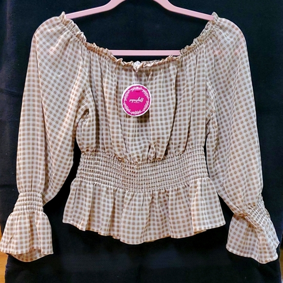 Taupe Smocked Gingham Off the Shoulder Mid lenth blouse/shirt - Picture 1 of 4